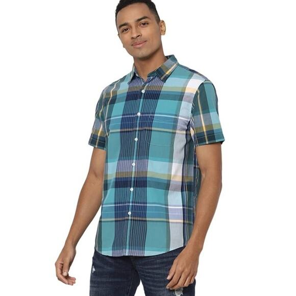 American Eagle Blue Yellow Plaid Short Sleeve Cotton Button Up Shirt Collared - Picture 1 of 5
